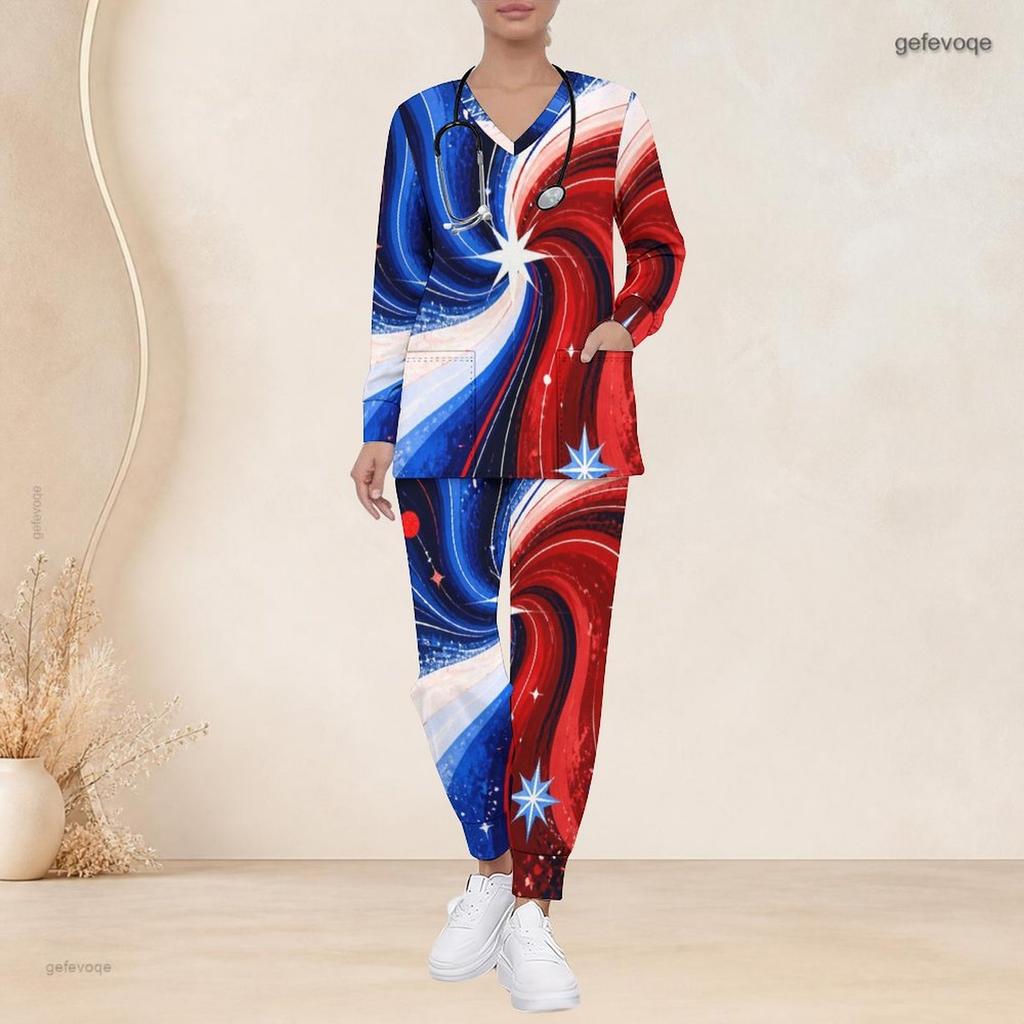 Women Plus Size V Neck Long Sleeve Scrub Set Patriotic Galaxy Star Planet Swirl Print Nurse Uniform Set