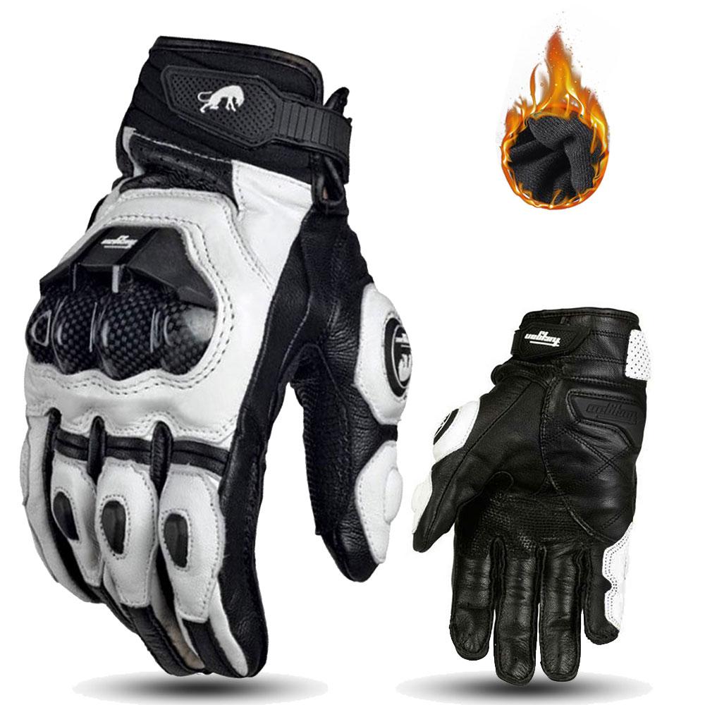 Leather Motorcycle Gloves Black White Racing Genuine Leather Bike Motorbike Road Racing Team Glove Waterproof Men Summer Winter