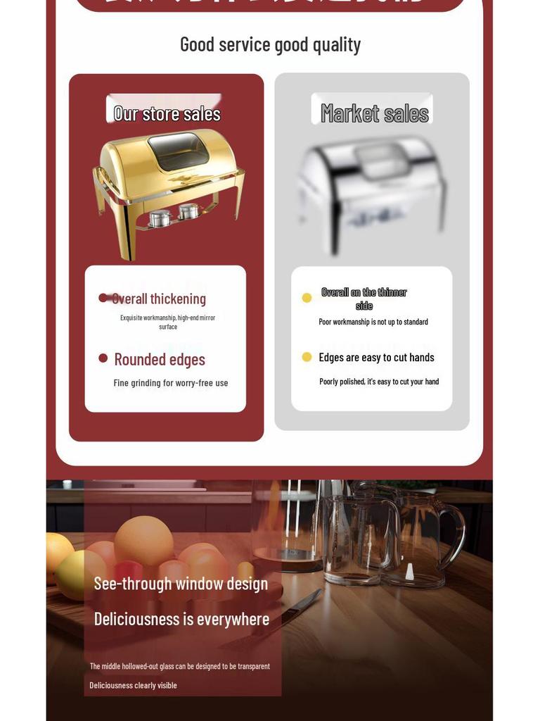 Gold-Plated Stainless Steel Chafing Dish with Glass Lid