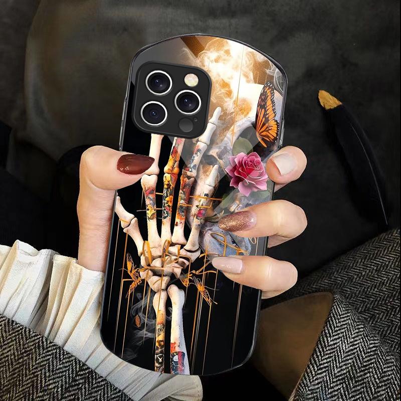 Skeleton Skull Flower For IPhone 16 Pro Max 11 12 Mini 13 14 P Lus 15 Plus 7 8 Se 2020 X Xs Elliptical Tempered Glass Phone Case