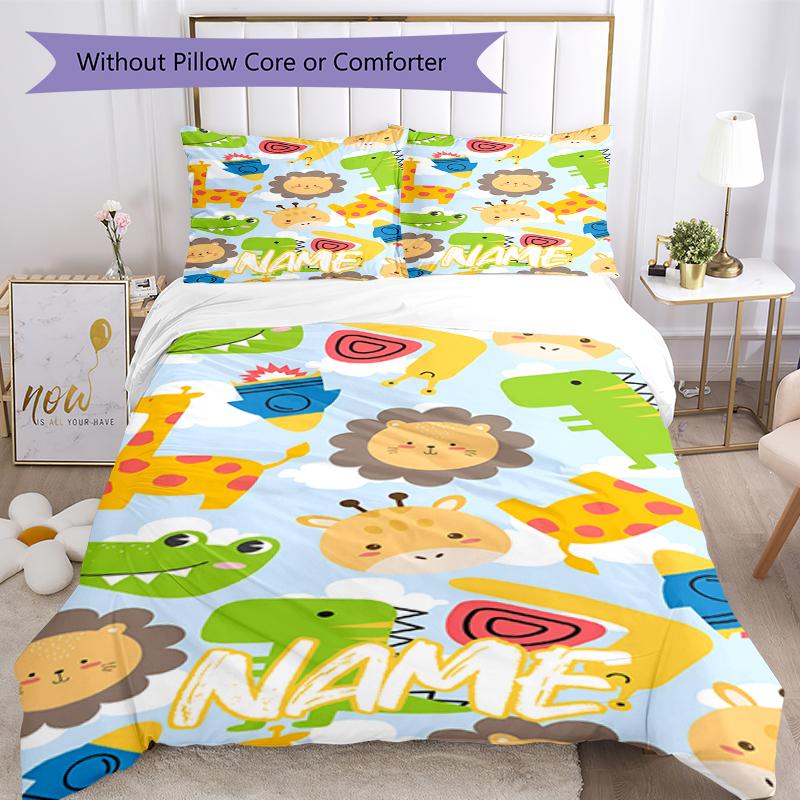 3pcs Custom Name Animals Bedding Set Duvet Cover Closure Includes 1 Duvet Cover & 2 Pillowcases, Soft and Comfortable for All Seasons.