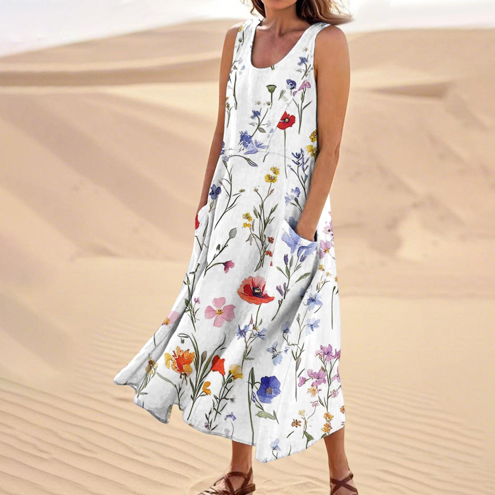 

Женское летнее повседневное модное платье без рукавов с цветочным принтом и карманом S белый