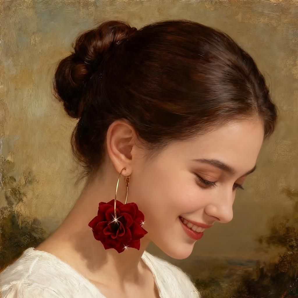 Fabric Hollow Out Red Rose Pendant Earrings, Bohemian Romantic Statement Drop Earrings for Women, Valentine's Day Christmas Gift, Trendy Daily Jewelry
