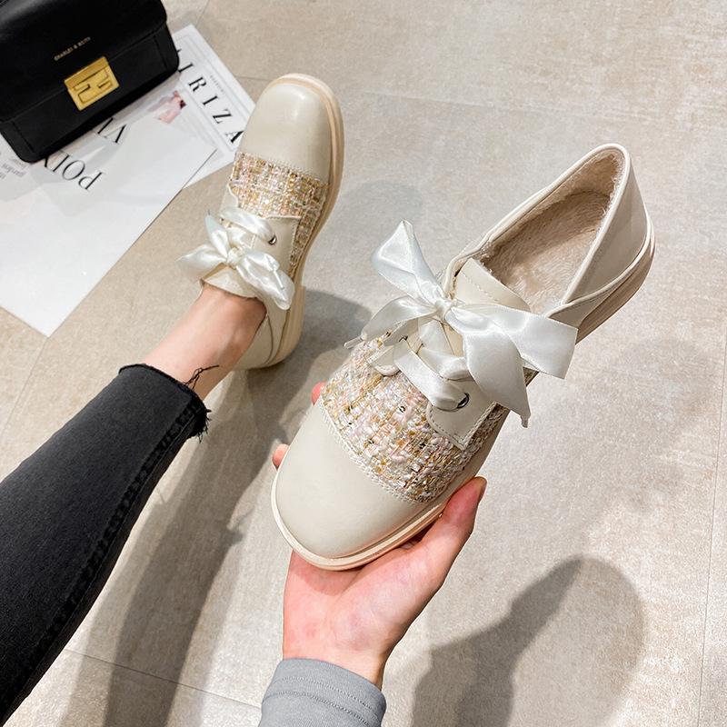 Riband Lace up oxford shoes women plaid fabric flats square toe loafers autumn/winter student small leather shoes woman big size
