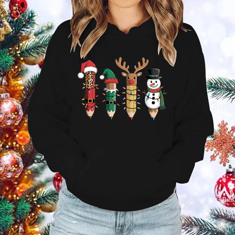 

New Women Men Hoodies Christmas Pencil Printed Tops Casual Harajuku Sweatshirts Loose Pullover Christmas Hoodies 3XL