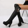 Women Thick High Heel Black Long Boots Chunky Platform Faux Leather Boots Metal Fox Decor Over-The- Knee Botas Shoes