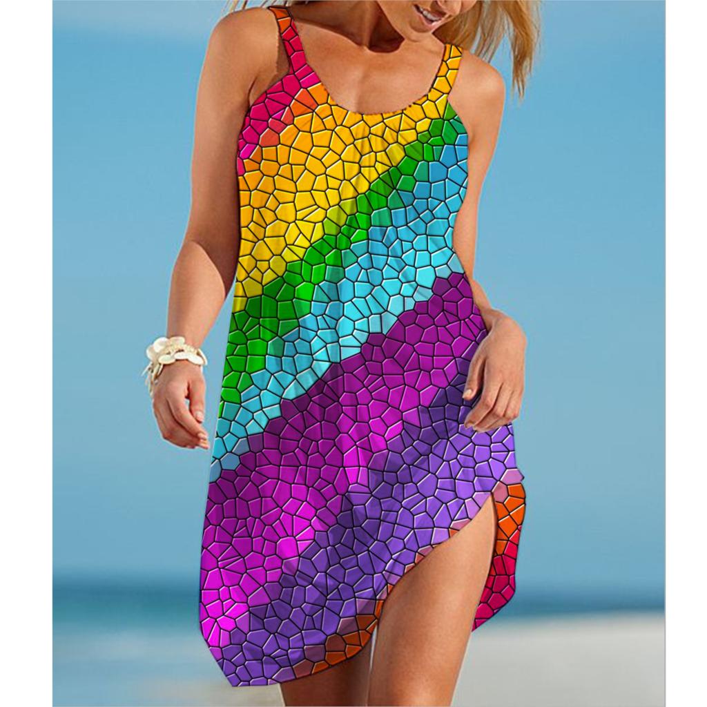 Regenbogen Malerei Druck Damenmode Kleid Midi Sommer Sexy Strandkleid Böhmisch Ärmellos Partykleider Elegant Sommerkleid Saum