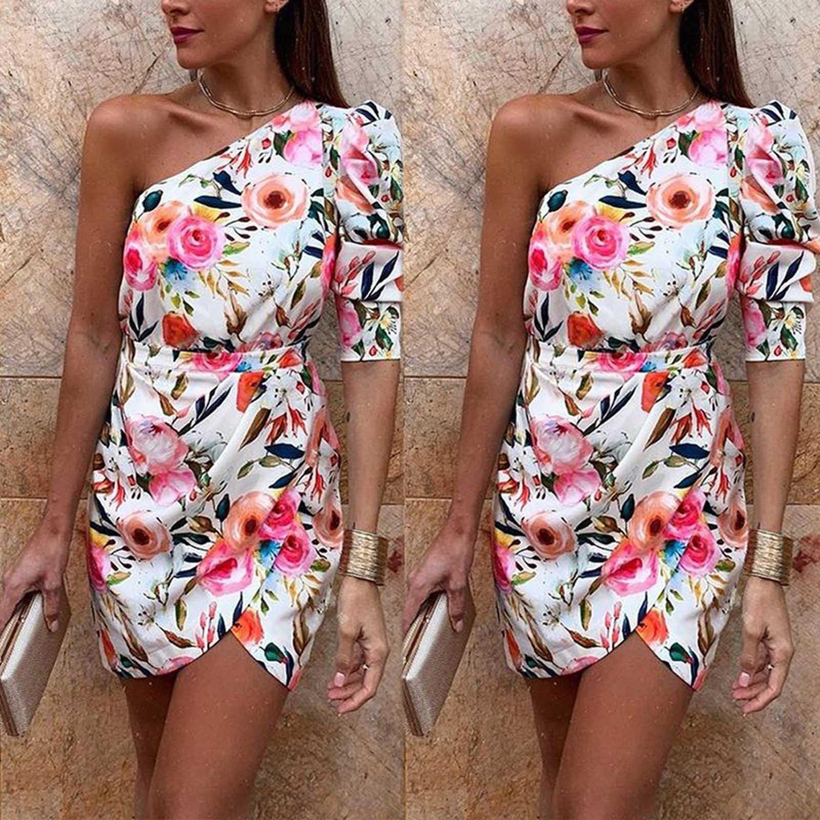 

Women s Summer Fashion Printed One Shoulder Bag Hip Skirt High Waist Slim Dress