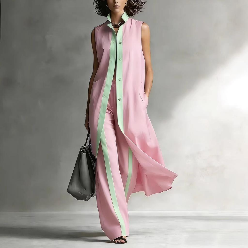 Women Sleeveless Longline Vest And Wide Leg Pants Set Contrast Color Casual Loose Fit Summer Outfit