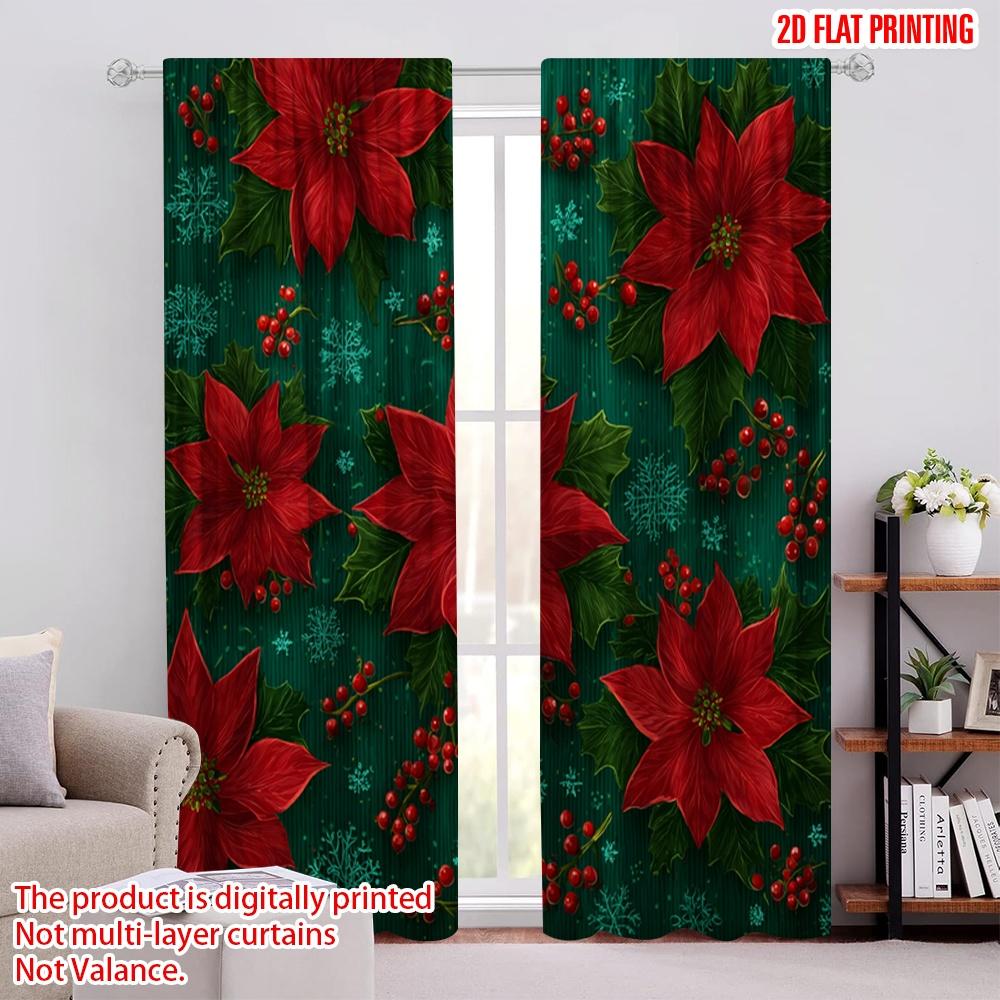 

2pcs,2D plane printing Curtain Popular Red Poinsettias_ Holly_ Snowflakes & Ornaments Versatile Durable Polyester (without rod) 52.50 × 116.00 cm 2 pcs