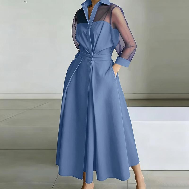 ZANZEA Women Casual Turn Down Collar Loose Sheer Splice Long Sleeve Midi Long Dress S