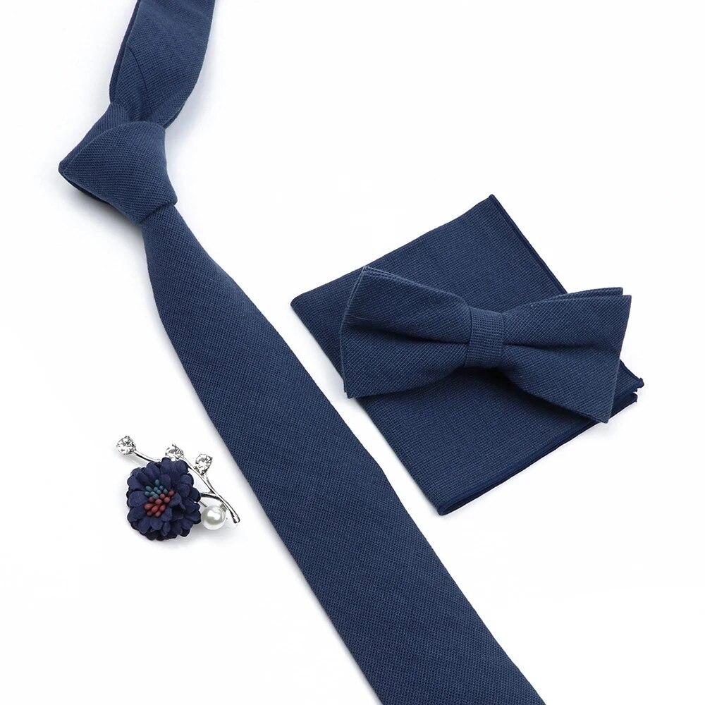 Solid Color Cotton Necktie Set For Men Tie 4pcs Hanky Cufflinks Rhinestone FLoral Brooch Tie Set