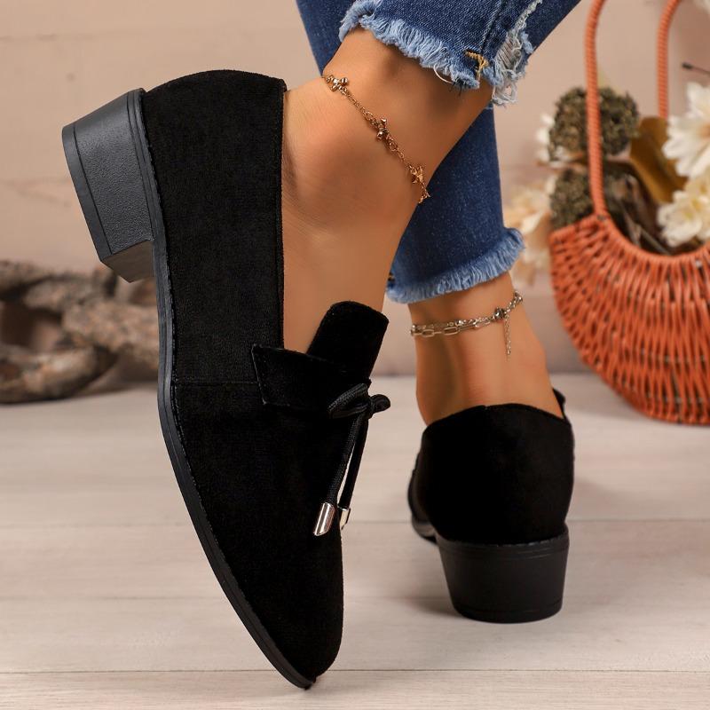 Women's Loafers Pointed Toe Square Heel Butterfly-knot One Kick Shoes All-match Retro Plus-size Spring and Autumn Single Shoes