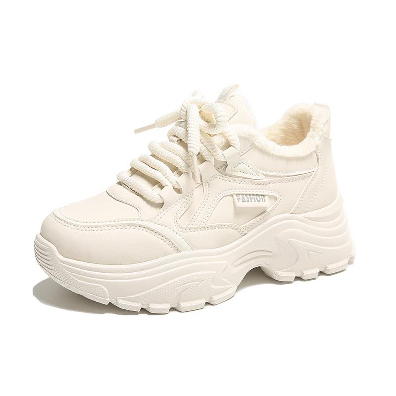 Small size 34 leather dad shoes women's velvet cotton shoes winter 2024 thick-soled versatile soft-soled sports casual shoes