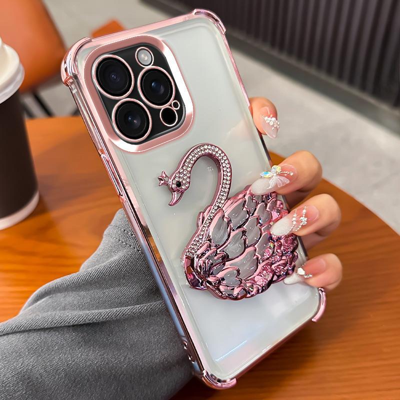 Applicable To Apple 16 Rhinestone Swan Holder Mobile Case Four-corner Anti-fall IPhone15 ProMax Advanced Protection Case