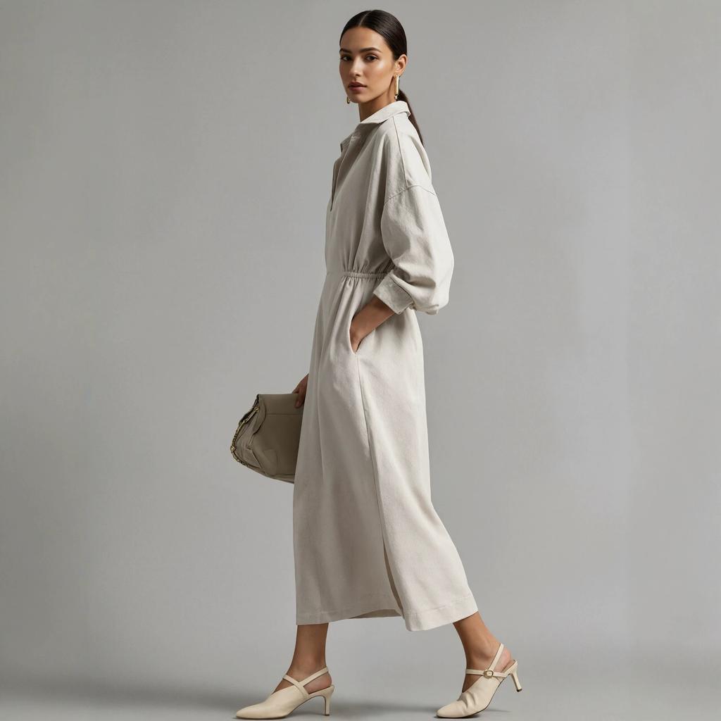 2026 French Linen V-neck Shirt Dress, Drawstring, Waist-Cinching, Loose Long Slit Dress, 20% Linen