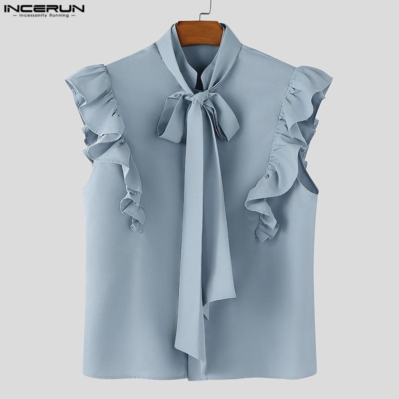 

INCERUN Summer Men Bow Tie Up Sleeveless Ruffled Buttons Casual Tank Tops 5XL