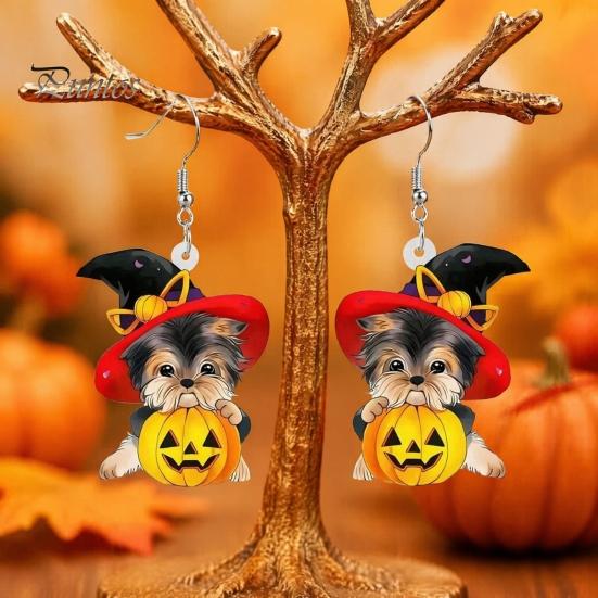 Decorative Holiday Ear Jewelry Witch Hat Puppy Earrings, Cute Dog Pumpkin Drop Lightweight Acrylic Jewelry, Halloween Accessories for Women