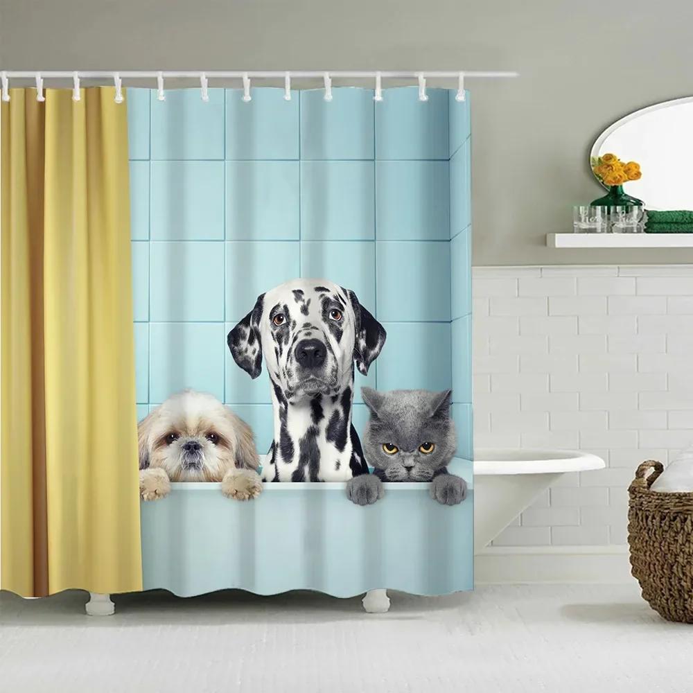 Funny Little Cat Dog Bathing Shower Curtain Cartoon Animals Printed Bathroom Curtain Set Waterproof Polyester Fabric Bath Screen