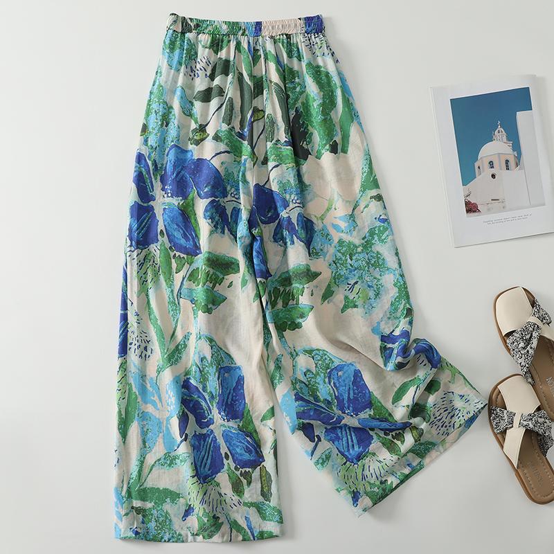DIMANAF 2026 Summer New Plus Size Women Long Pants Loose Elastic Waist Casual Lady Bottoms Print Floral Beach