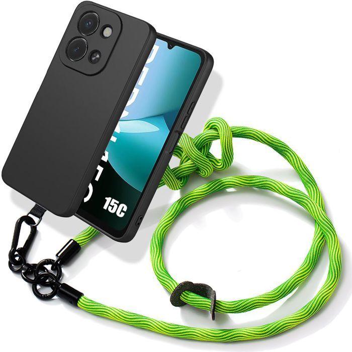 Coque pour Xiaomi Redmi 15C 4G/5G, Silicone Souple Anti-Rayures Noir avec Cordon Robuste Vert