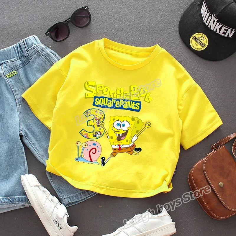 SpongeBob SquarePants Birthday Number T Shirt Boy Patrick Star Yellow Clothes Child Short Sleeve Tops Cotton Tees Kid Party Gift