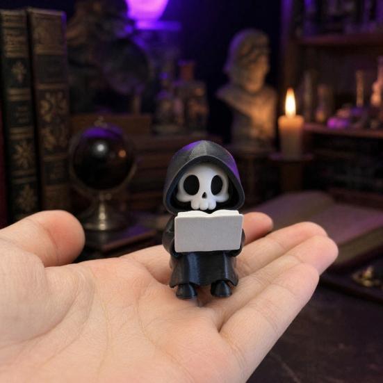 Grim Reaper Reading Figurine, 3D Printed Mini Skull Grim Reaper Statue, Cute Gothic Skeleton Ornament for Bookshelf, Desk, Shelf, Halloween Home Decor