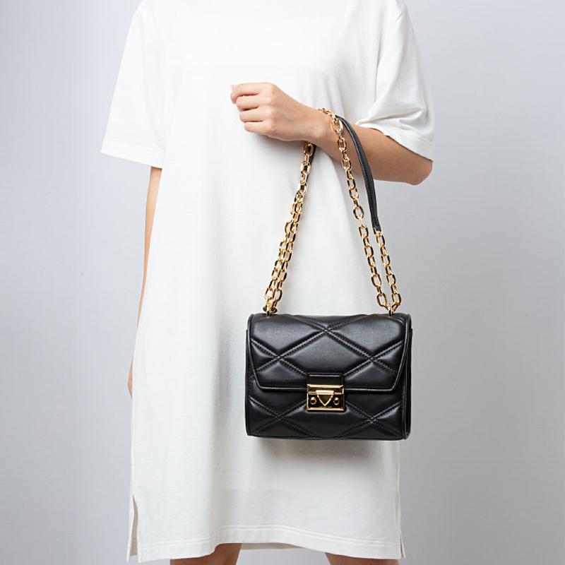 Michael Kors MK Serena Chain Square Metal Buckle Quilted Commuter Leather Envelope Shoulder Bag Crossbody Bag Medium Women Bags Black 35S2GNRL2U-001