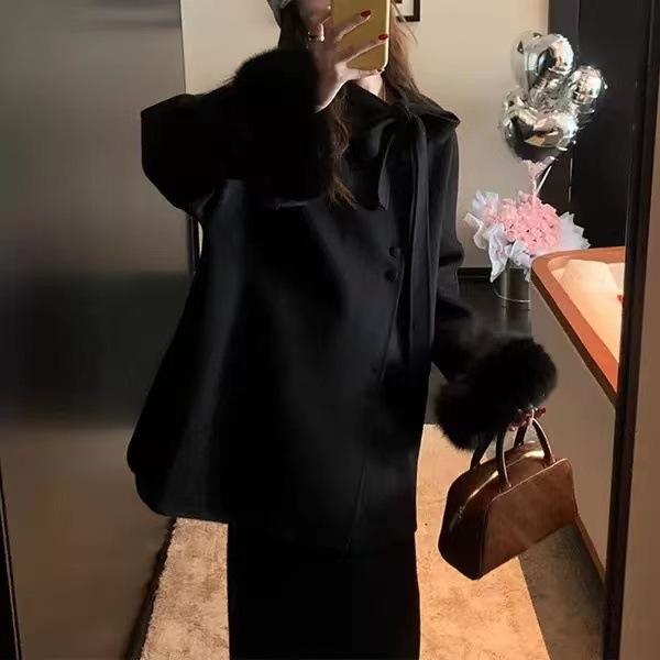 

Двостороннє вовняне пальто. Вільне вовняне пальто в корейському стилі середньої довжини з хутряними манжетами M чорний