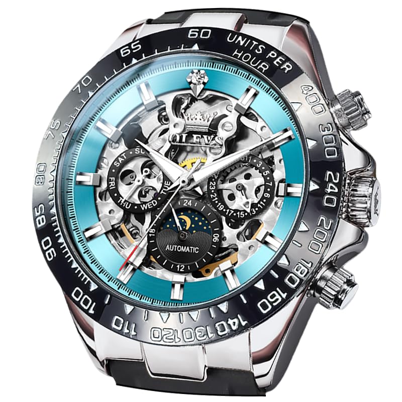 

OLEVS Automatic Skeleton Watch with Date Luminous Fashion Business Blue Men s Display, Waterproof, Diamonds, Watch,