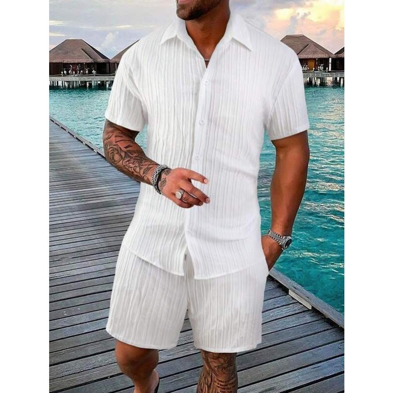 Mens Casual Striped Short Sleeve Button Up Shirt And Shorts Two Piece Set S белый