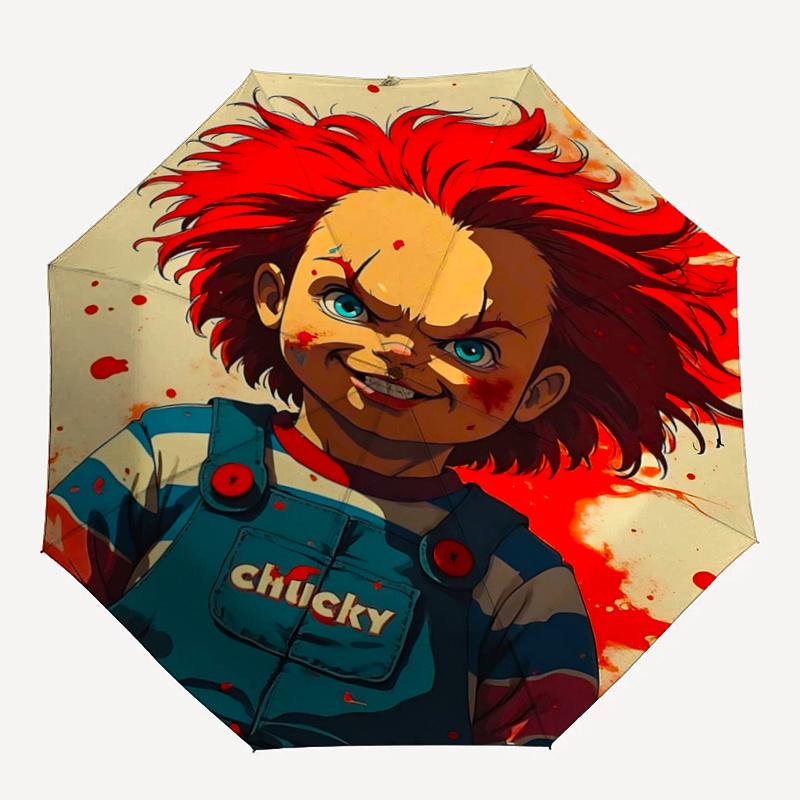 1pc Horror and Mystery Chucky Fully Fashion Automatic Folding Portable Cartoon Umbrella, 8 Iron Frames, Three-Fold Design, Suitable for All Seaso