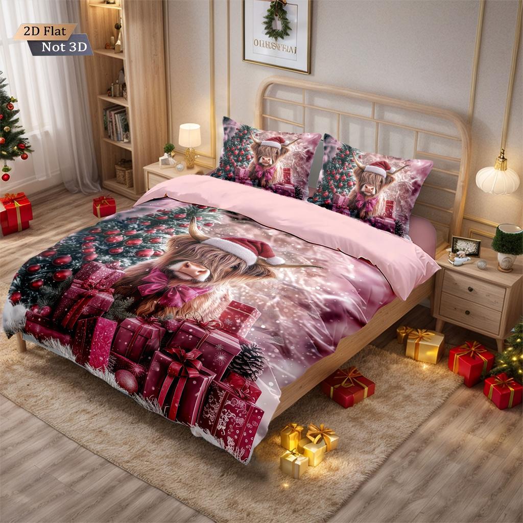 3-teiliges Valentinstags-Rosa Hochlandkuh Geschenk Druck Kernlose Bettwäsche Mehrere Größen Schlafzimmer Bettwäsche Dekoration Maschinenwaschbar