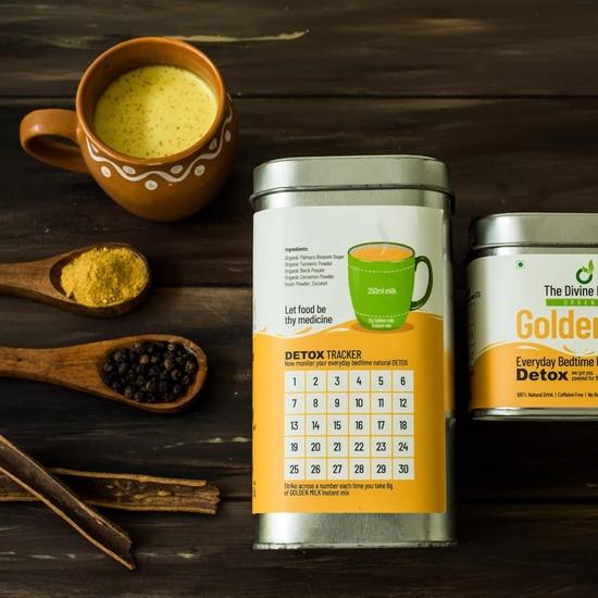 The Divine Foods Organic Golden Milk Latte,Natural Detox Drink Dnd,Haldi Milk,Antioxidant & Anti-Inflammatory High Curcumin,56 Sachets,(250 Gm,Powder)