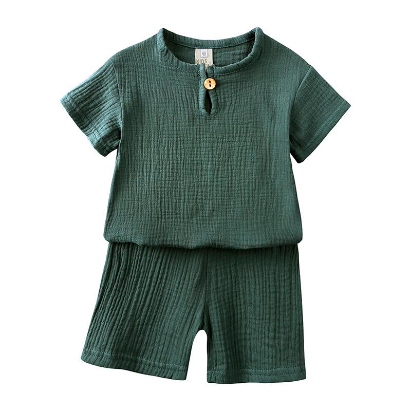 Summer Simple Cotton Linen Two-Piece Set: Breathable Short Sleeve and Shorts for Boys and Girls