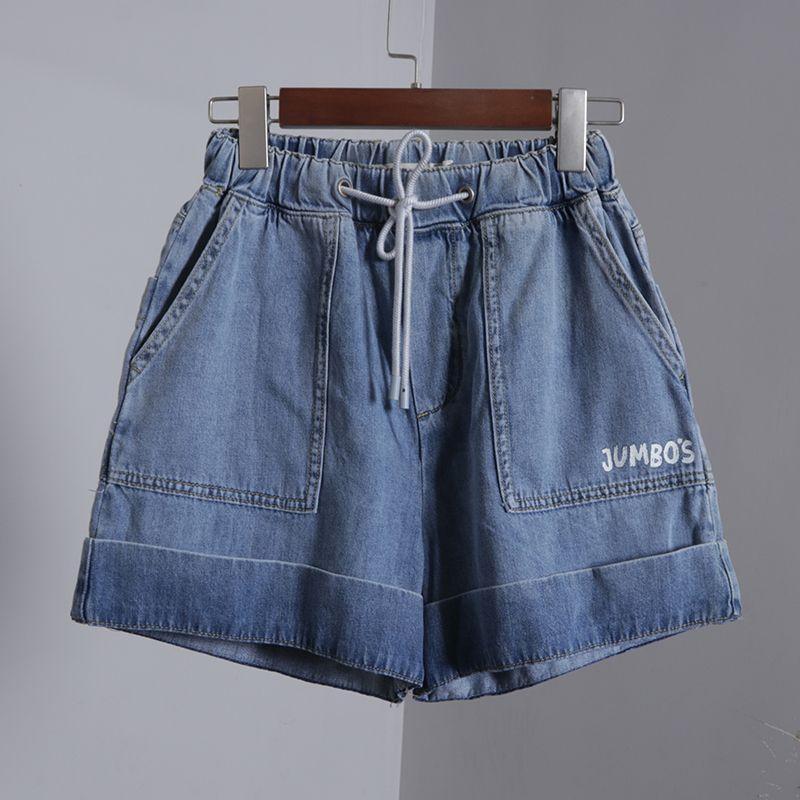 

Elastic Waist Curling Women s New Drawstring Denim Shorts Denim Blue S