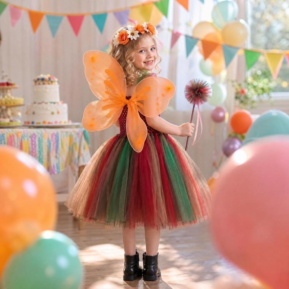 Forest Fairy Girl Costume Dress With Tulle Skirt Butterfly Wings Magic Wand For Toddler Girls