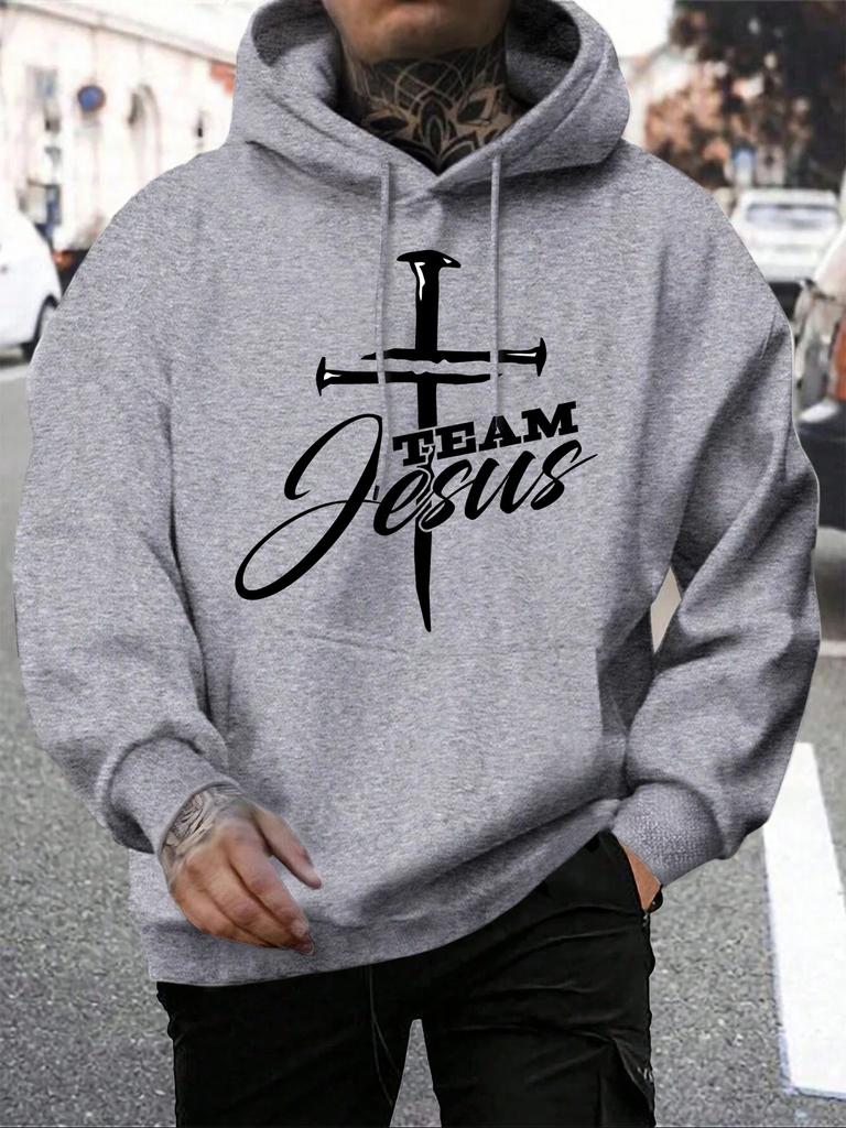 Team Jesus Letter Design Printing Men's Sweatshirt Fashion Warm Hooded Casual Pocket Hoodies Autumn Loose Streetwear