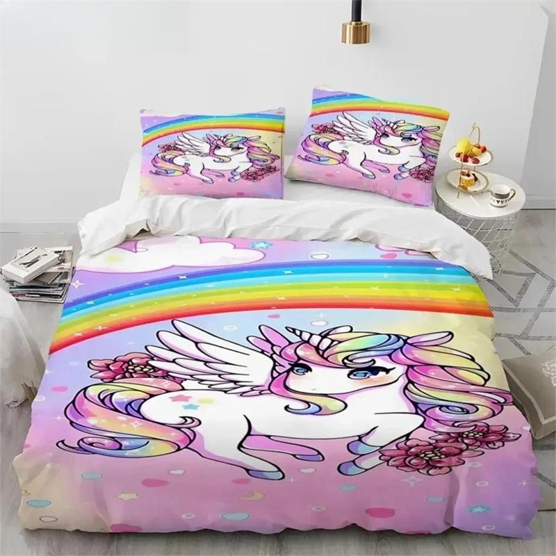 Unicorn Cute Cartoon Comforter Bedding Set,Duvet Cover Bed Set Quilt Cover Pillowcase,Queen Bedding Set For Child Boy Girl Gift