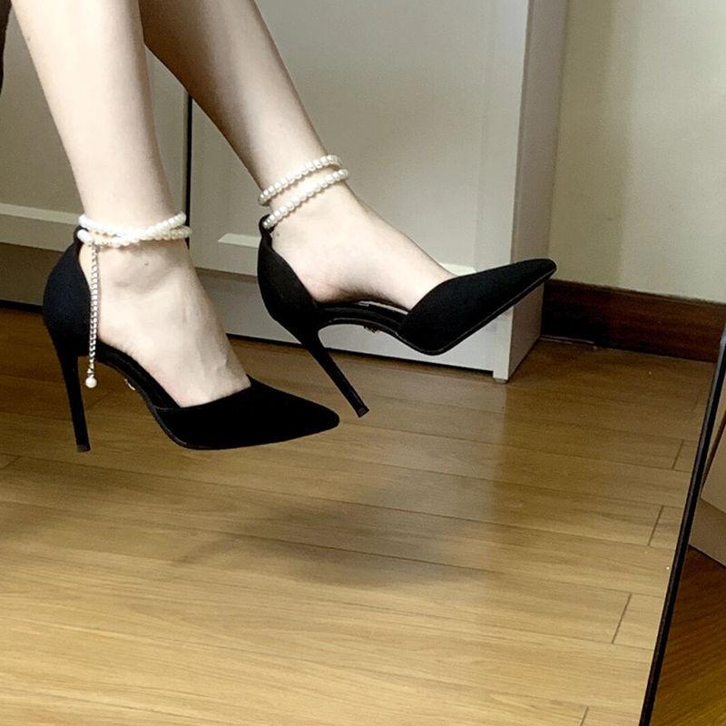 One-word sandals fairy style 2025 spring and autumn new pearl pointed thin heel high heels French temperament single shoes