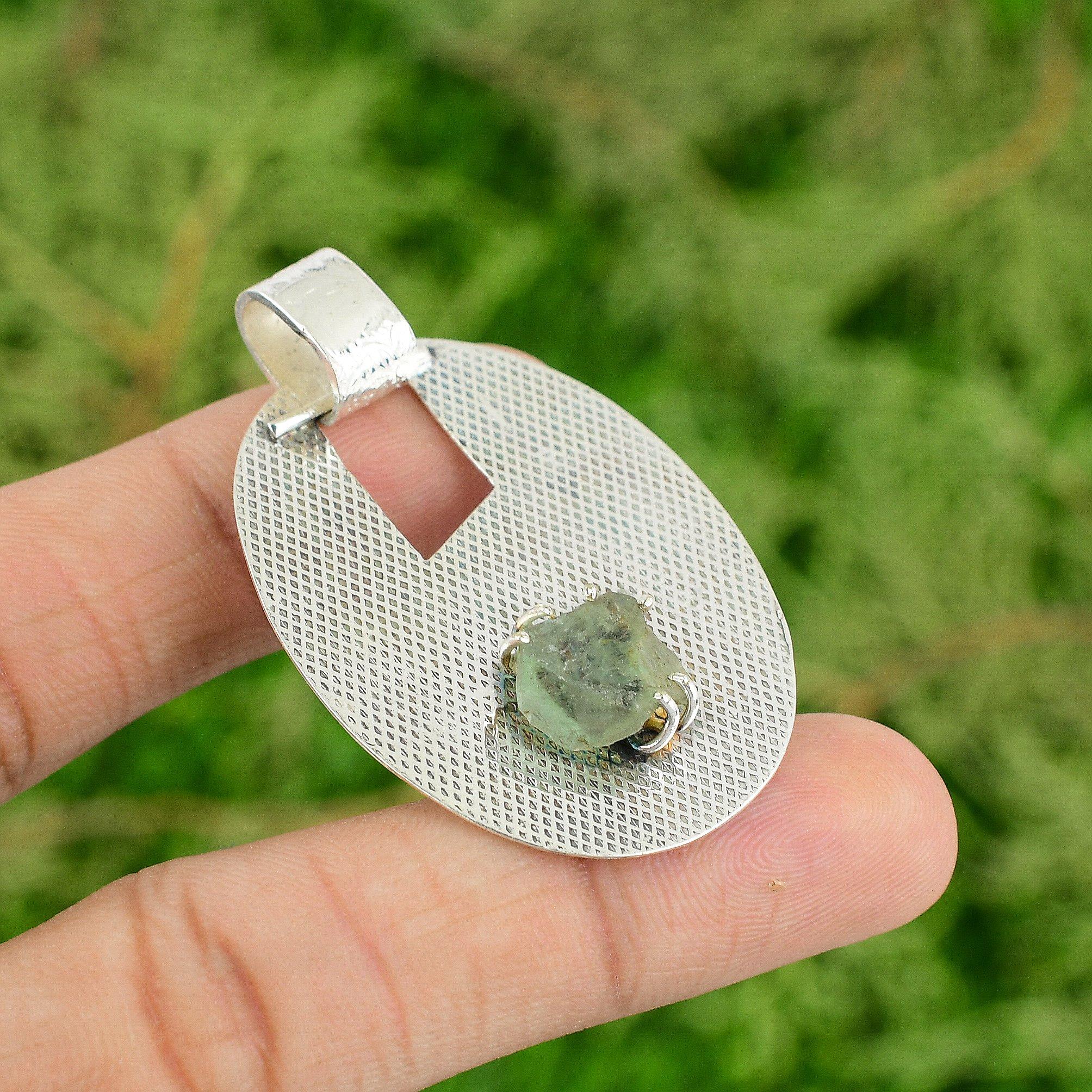 

Sterling Silver Green Amethyst Rough Stone Bezel Engagement Boho Pendant Jewelry