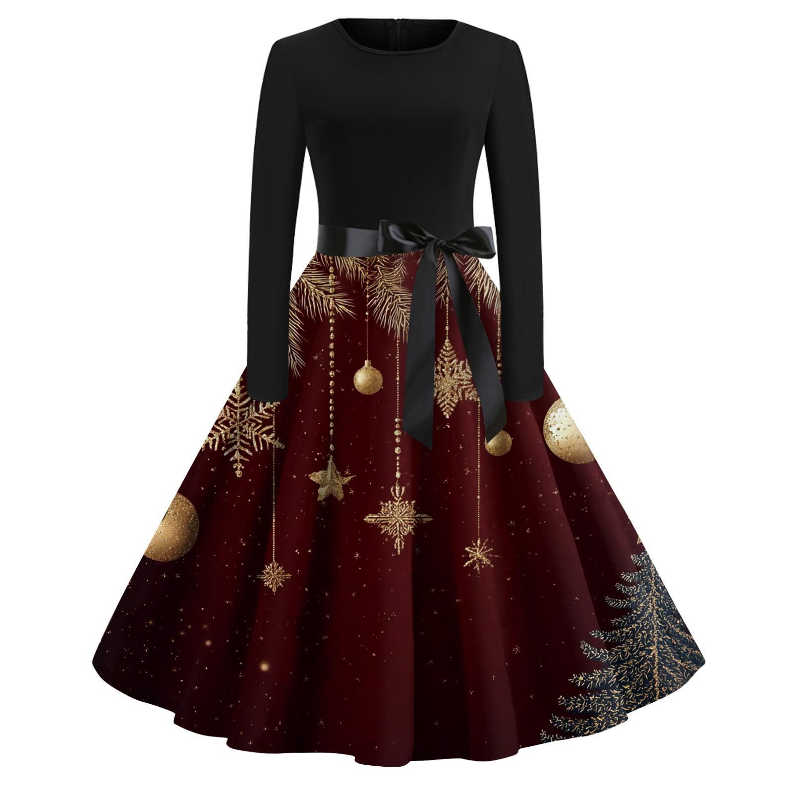 

Женское модное повседневное платье с круглым вырезом, рождественским принтом и длинными рукавами XL винный