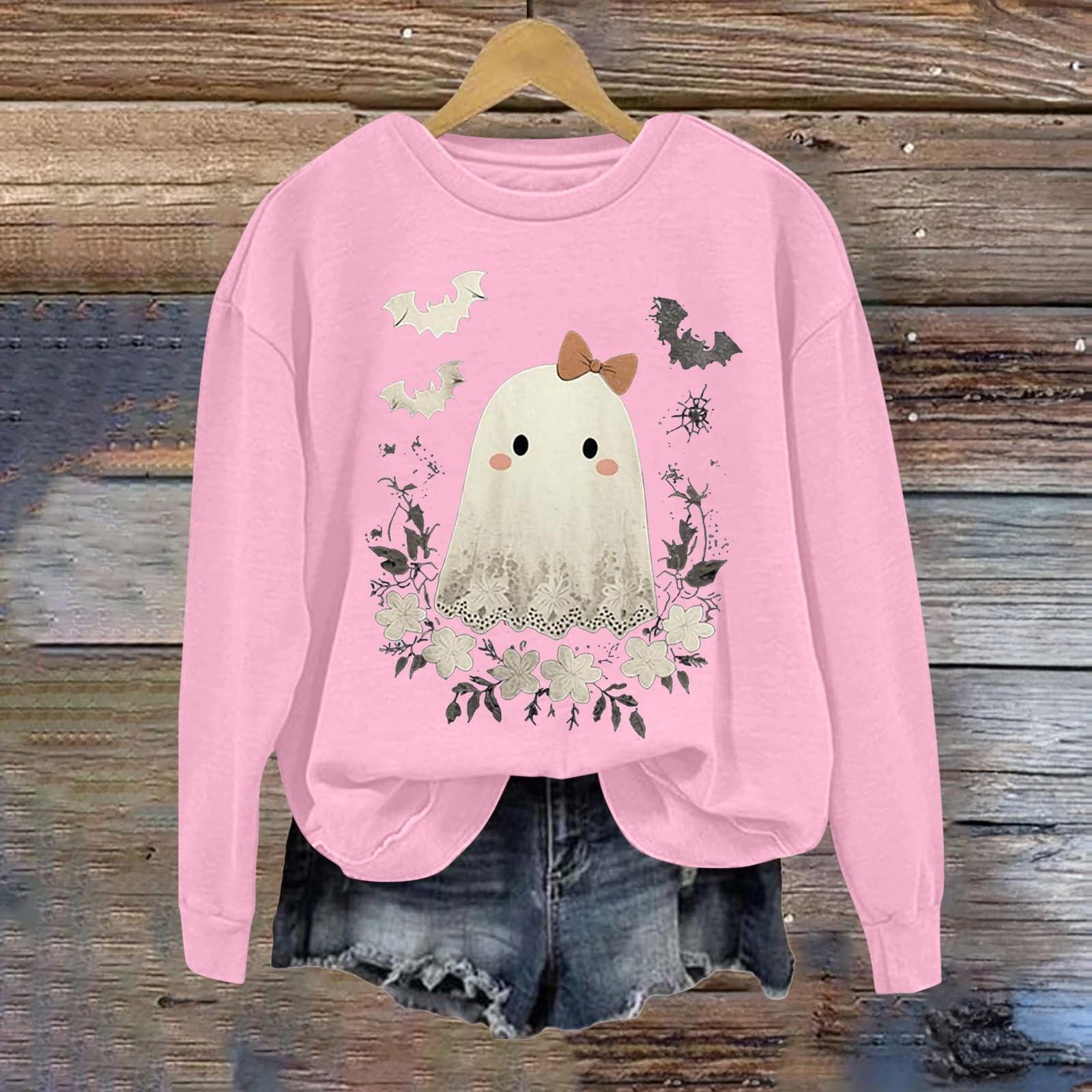 

Women s fashionable casual long-sleeved Halloween printed round-neck top M рожевий