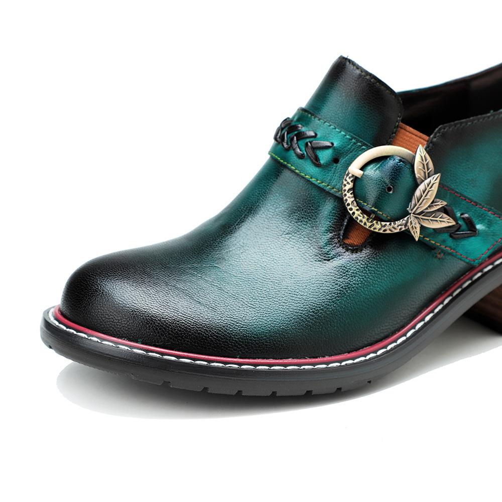 Johnature Zapatos de tacón de cuero genuino para mujer, zapatos de primavera Retro con punta redonda, Color sólido, hechos a mano, zapatos de ocio Silp-on