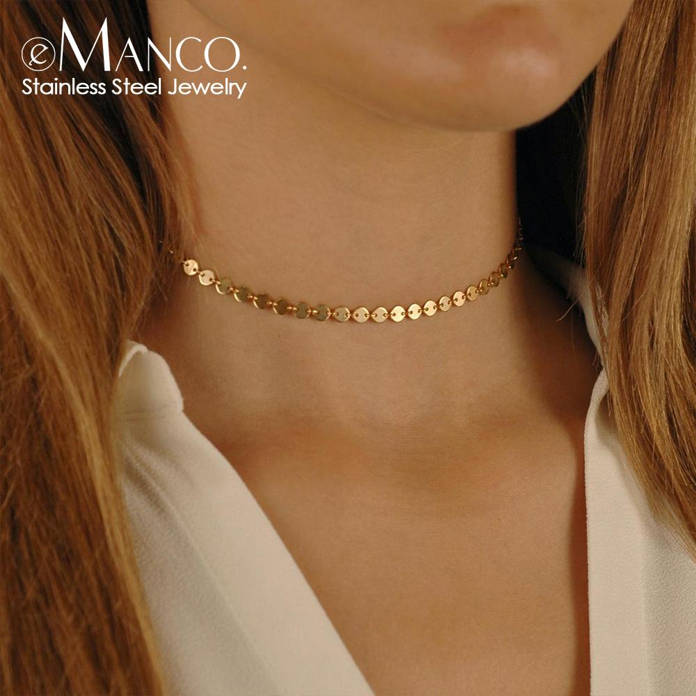 EManco 316L Stainless Steel 14K Gold Coin Chain Necklace Shiny Sequins Discs Choker Necklace for Wedding Engagement Gift