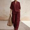 Frühling und Sommer Europäischer und Amerikanischer Stil Damen Einfarbig Bequem Minimalistisch Leinen Zweiteiliges Set