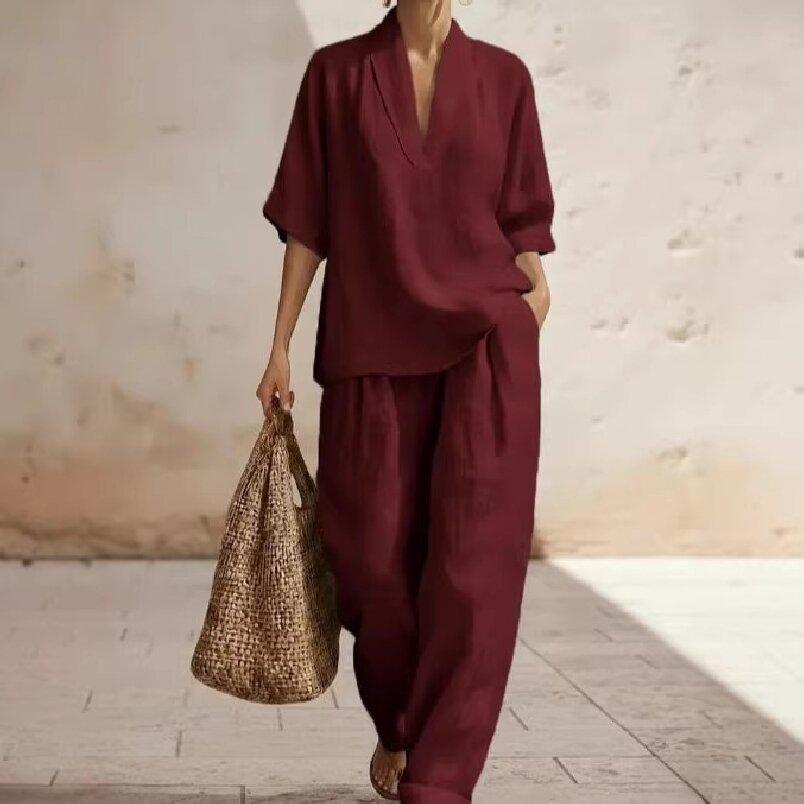 

Spring and Summer European and American Style Ladies Solid Color Comfortable Minimalist Linen Two-Piece Set 3XL червоний
