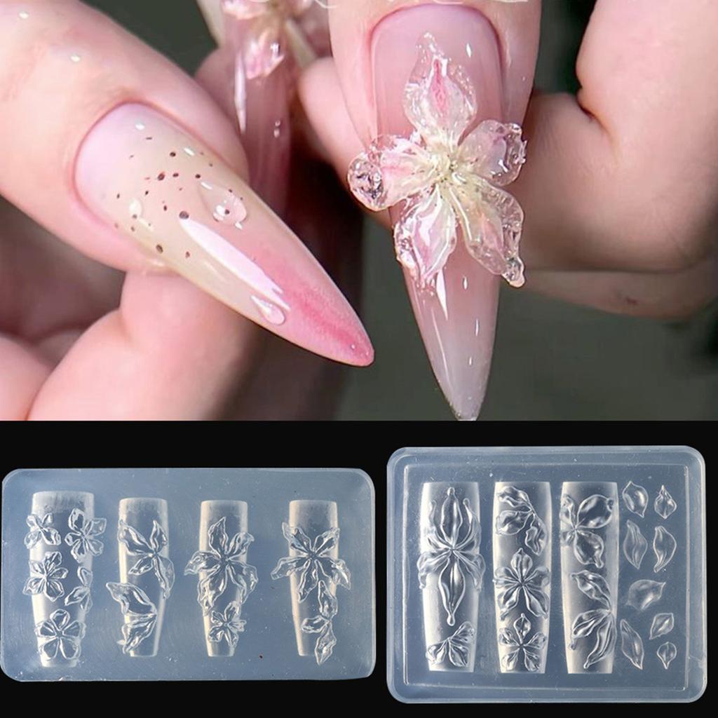2 Pieces Silicone Nail Art Mould for Floral Embossing Manicure Tool With Reusable Flower Designs Templates