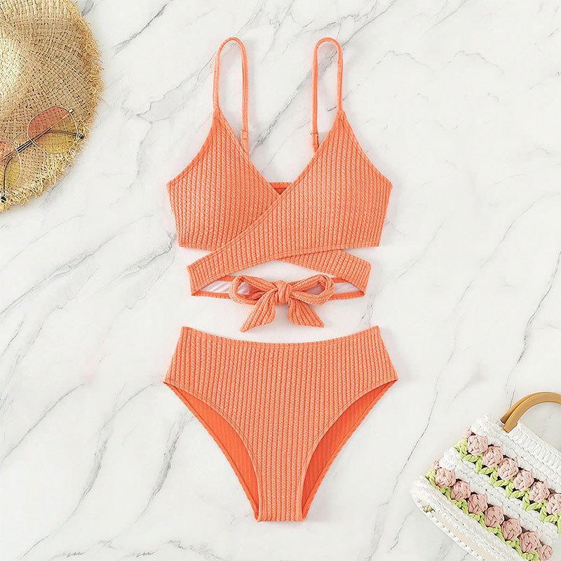 Women's 2 Piece Ribbed Bikini Set New Solid Color Wrap Cross Front Tie Back High Waisted Sexy Spaghetti Strap Summer Beach Swimwear