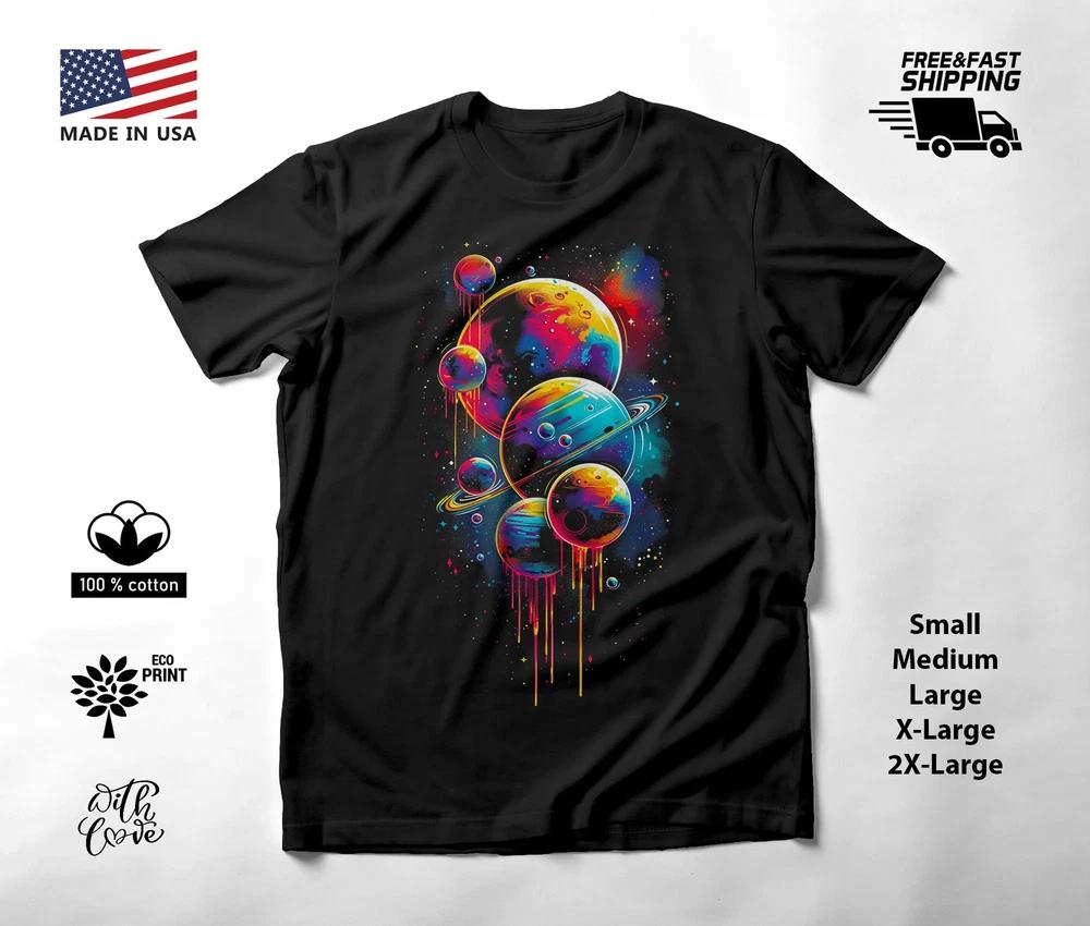 Colorful Planets Neon Graphic T-Shirt Black Unisex S-2XL